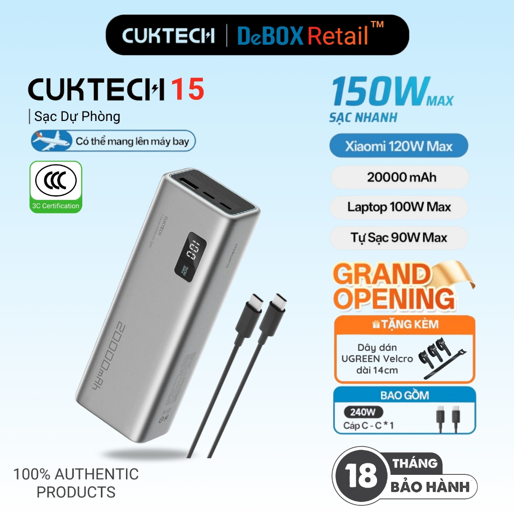 Pin Sạc Dự Phòng CUKTECH 15 Sạc Nhanh 150W 20000mAh PB200P Hỗ Trợ Xiaomi 120W Laptop 100W Samsung 45