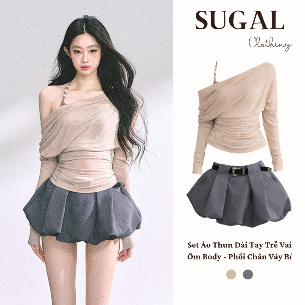 SUGAL Áo Thun Dài Tay Nữ Trễ Vai Kèm Áo Hai Dây Cotton Co Giãn Mềm Mại Ôm Body…