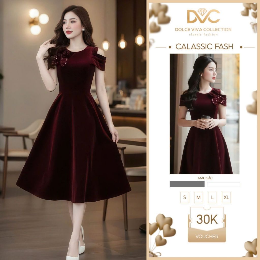 Váy Nhung Đỏ Sang Trọng Dự Tiệc DS7493 – Đính Hoa Ngọc, Dáng Xòe Cao Cấp