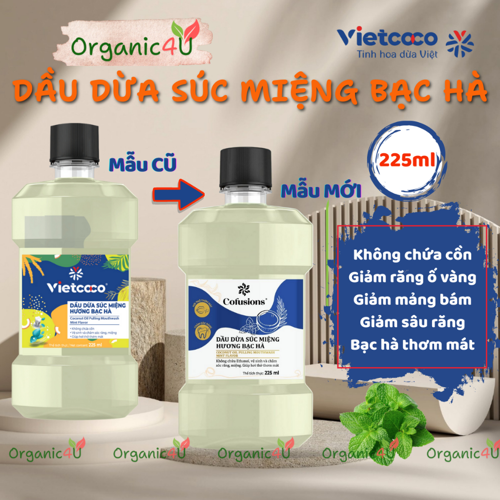 Dầu Dừa Súc Miệng VIETCOCO Không Cồn Hương Bạc Hà Thơm Mát 225ml