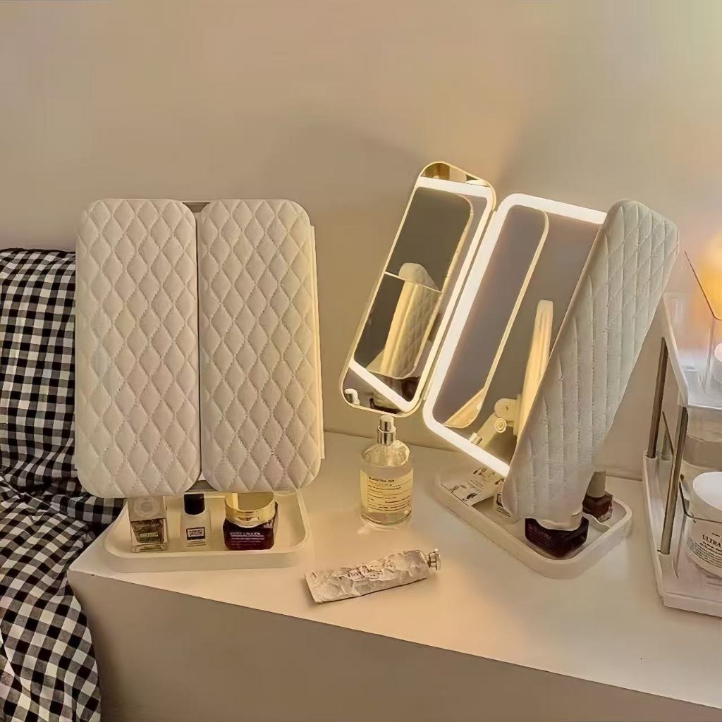 Gương Trang Điểm LED Để Bàn Đèn LED 3 Màu Điều Chỉnh Độ Sáng - Có Gương Zoom X2 X3 - Thời Lượng Pin Dài