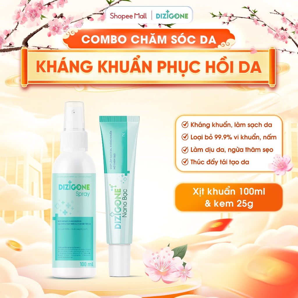 [COMBO] Xịt kháng khuẩn DIZIGONE Spray 100ml & Kem DIZIGONE Nano Bạc 25g: Làm sạch dịu, phục hồi da,