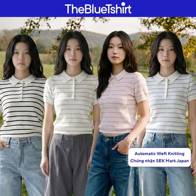 TheBlueTshirt - Áo len polo tay cộc phối kẻ sọc phom regular cho nữ - Knit Polo
