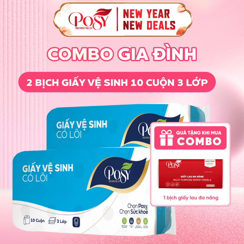 S2_COMBO GIA ĐÌNH - 2 bịch Giấy vệ sinh POSY 10 cuộn 3 lớp mềm mịn, DỄ TAN TRONG NƯỚC, an toàn cho d