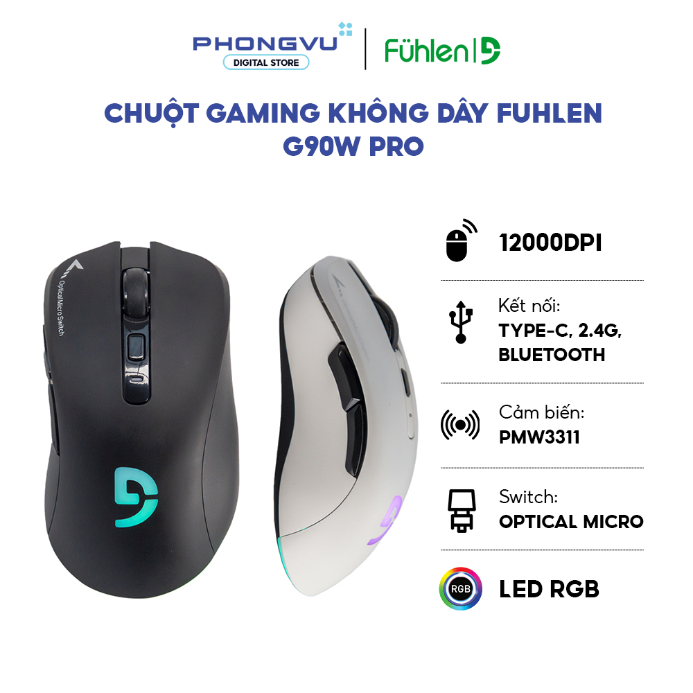 Chuột Gaming Không Dây Fuhlen G90W Pro - 12000 DPI - Kết Nối 3 Mode - LED RGB - Bảo Hành 24 Tháng
