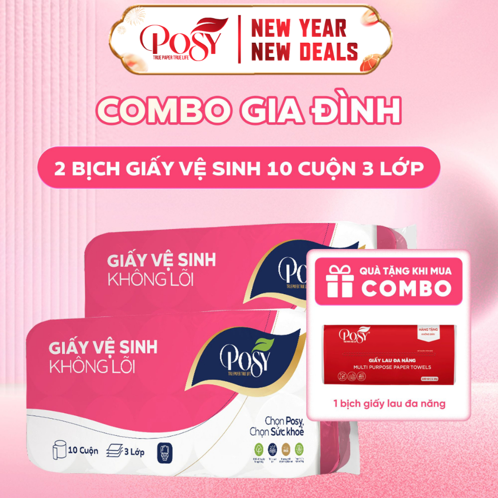 POSY - COMBO GIA ĐÌNH - 2 bịch Giấy vệ sinh Posy 10 cuộn 3 lớp không lõi - có lõi mềm mịn, dễ tan tr