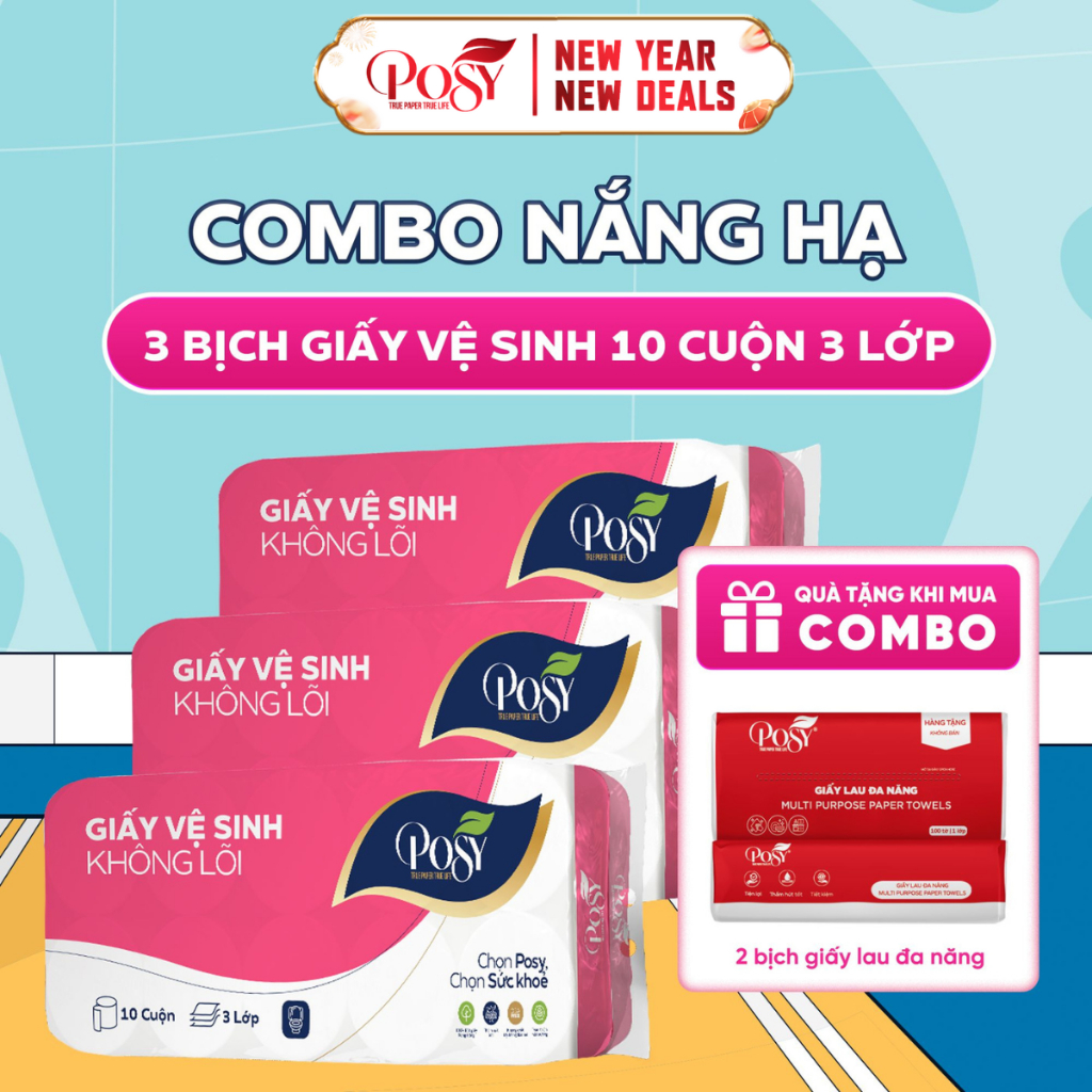 POSY-S4-COMBO NẮNG HẠ -  Combo 03 Bịch Giấy vệ sinh Posy 10 cuộn 3 lớp, giấy vệ sinh mềm mịn, tiết k