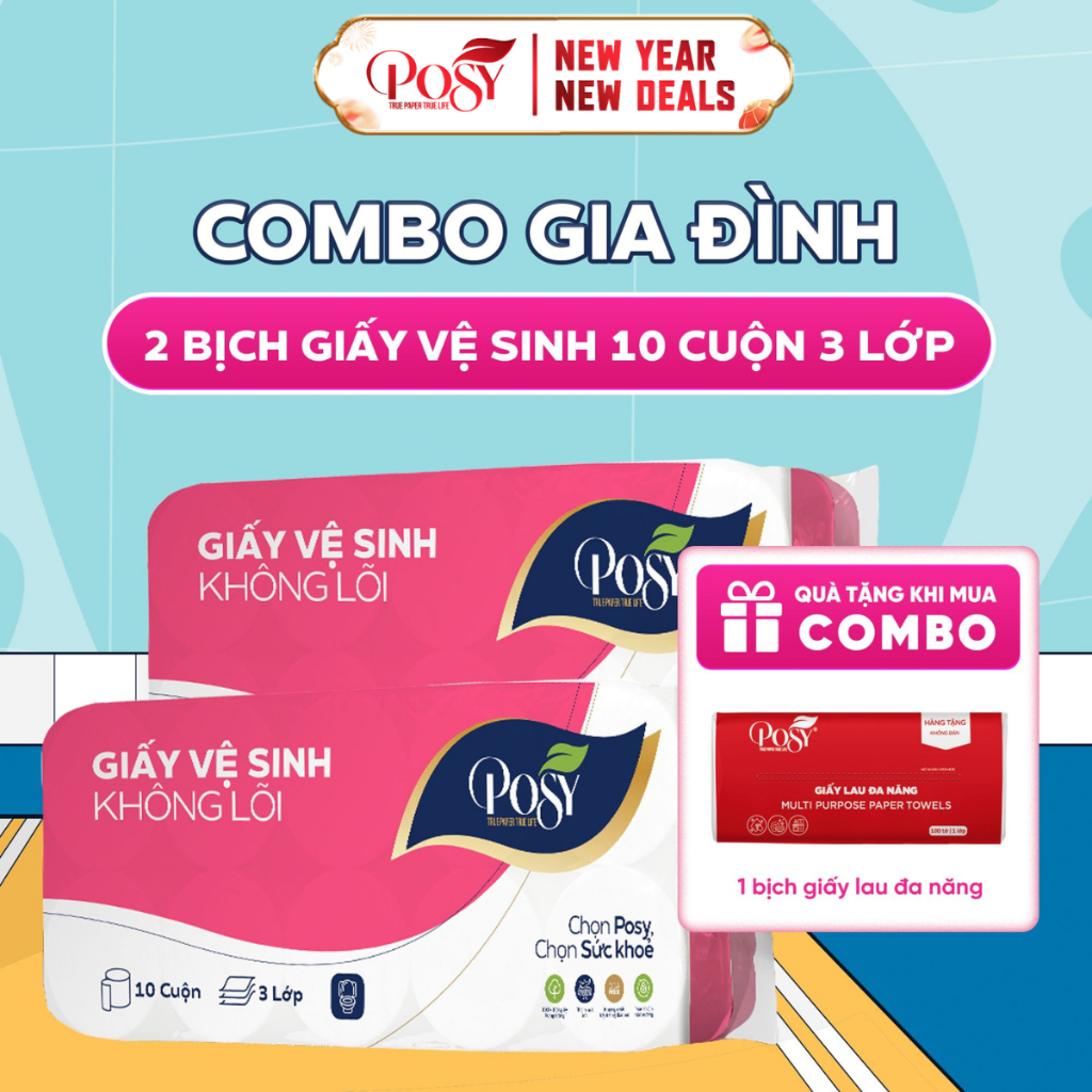 POSY- S4-COMBO GIA ĐÌNH - Nhận ngay 02 Bịch Giấy vệ sinh Posy cao cấp 10 cuộn 3 lớp, mềm mịn, nhẹ dị