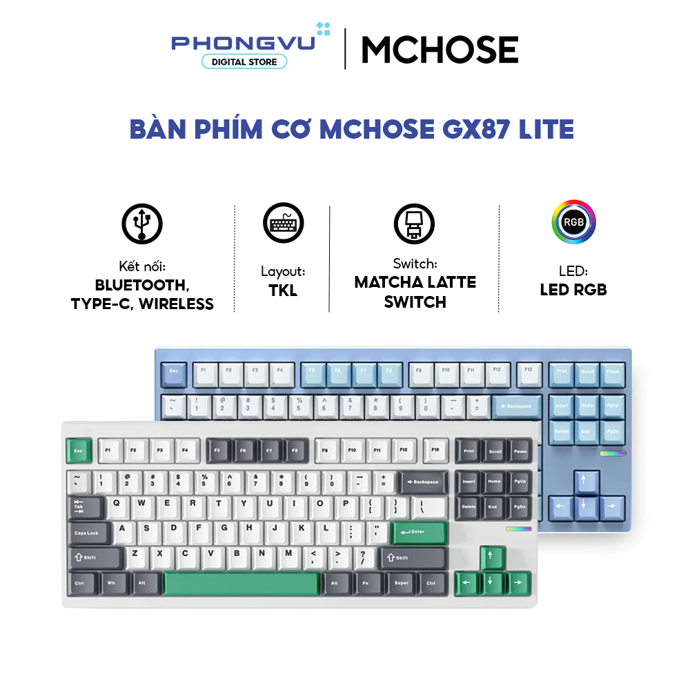 Bàn Phím Cơ Gaming Không Dây MCHOSE GX87 Lite  - Switch Huano Matcha Latte V2 - Bảo Hành 12 Tháng