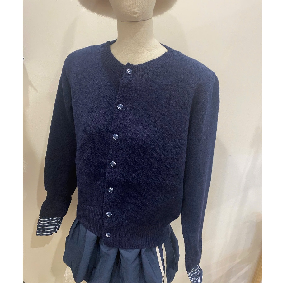 [ẢNH THẬT] Áo cardigan dáng ngắn YUMMY phối tay kẻ , Cardigan cổ tròn dệt kim xanh Navy AL46 | BigBuy360 - bigbuy360.vn
