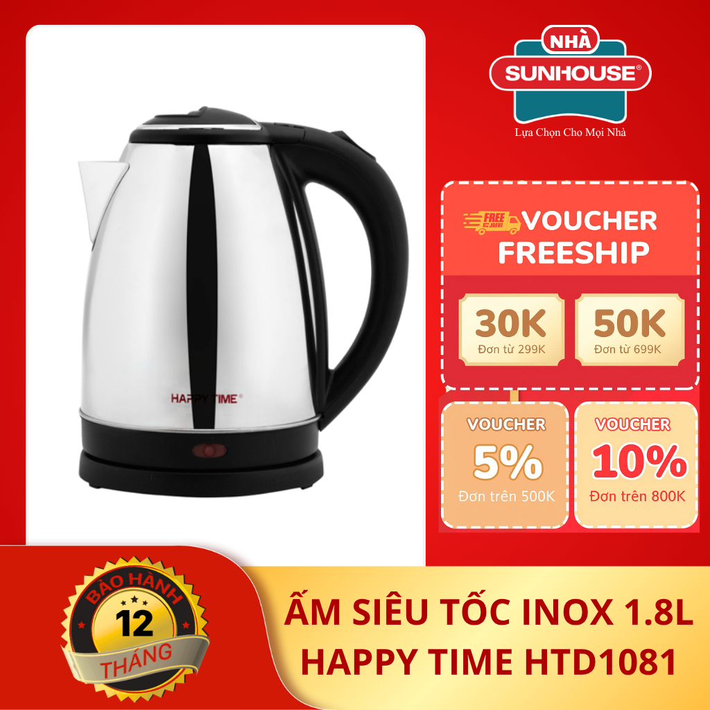Ấm Siêu Tốc Inox 1.8L HAPPY TIME HTD1081 - Công Suất 1500W, Thép Không Gỉ Cao Cấp, Đun Sôi Nhanh