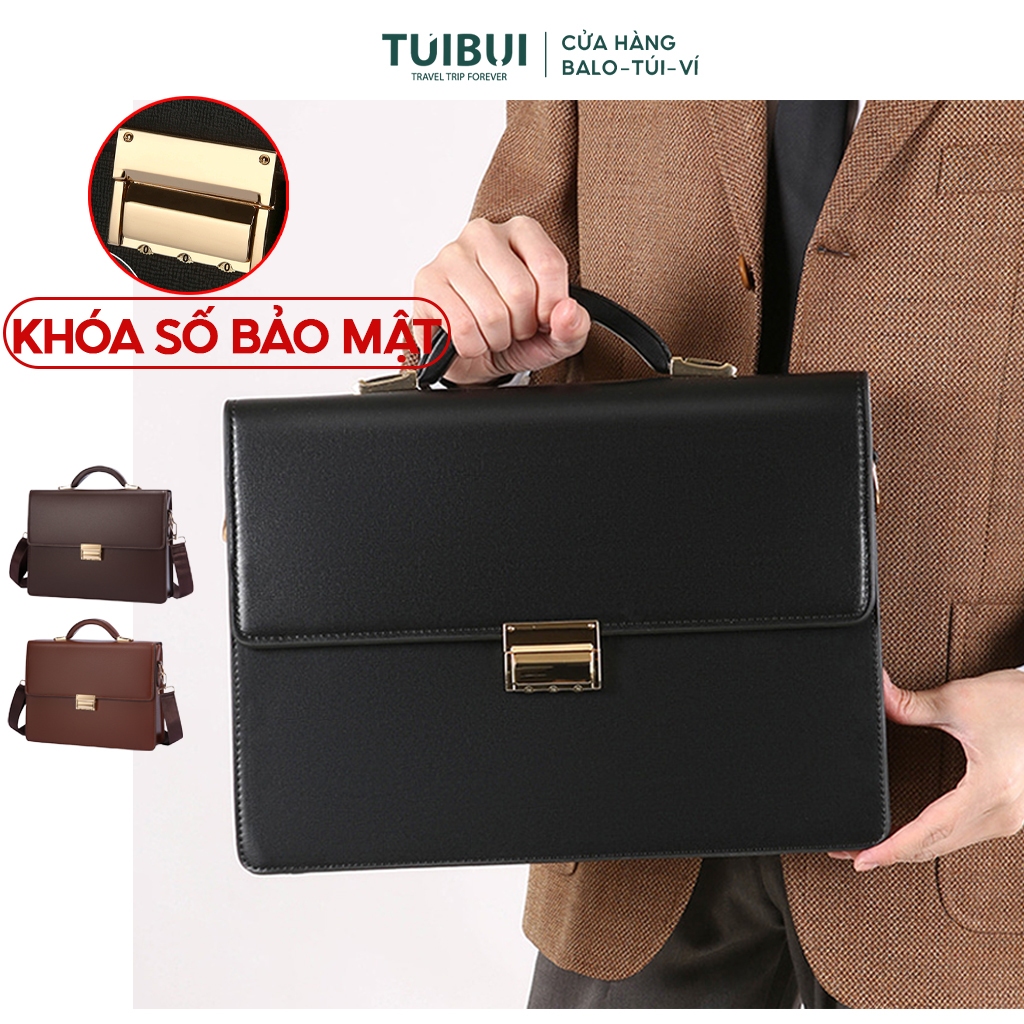 Cặp da nam công sở văn phòng giám độc đựng máy tính laptop giấy tờ  A4 khóa số bảo mật da PU chống nước trầy xước