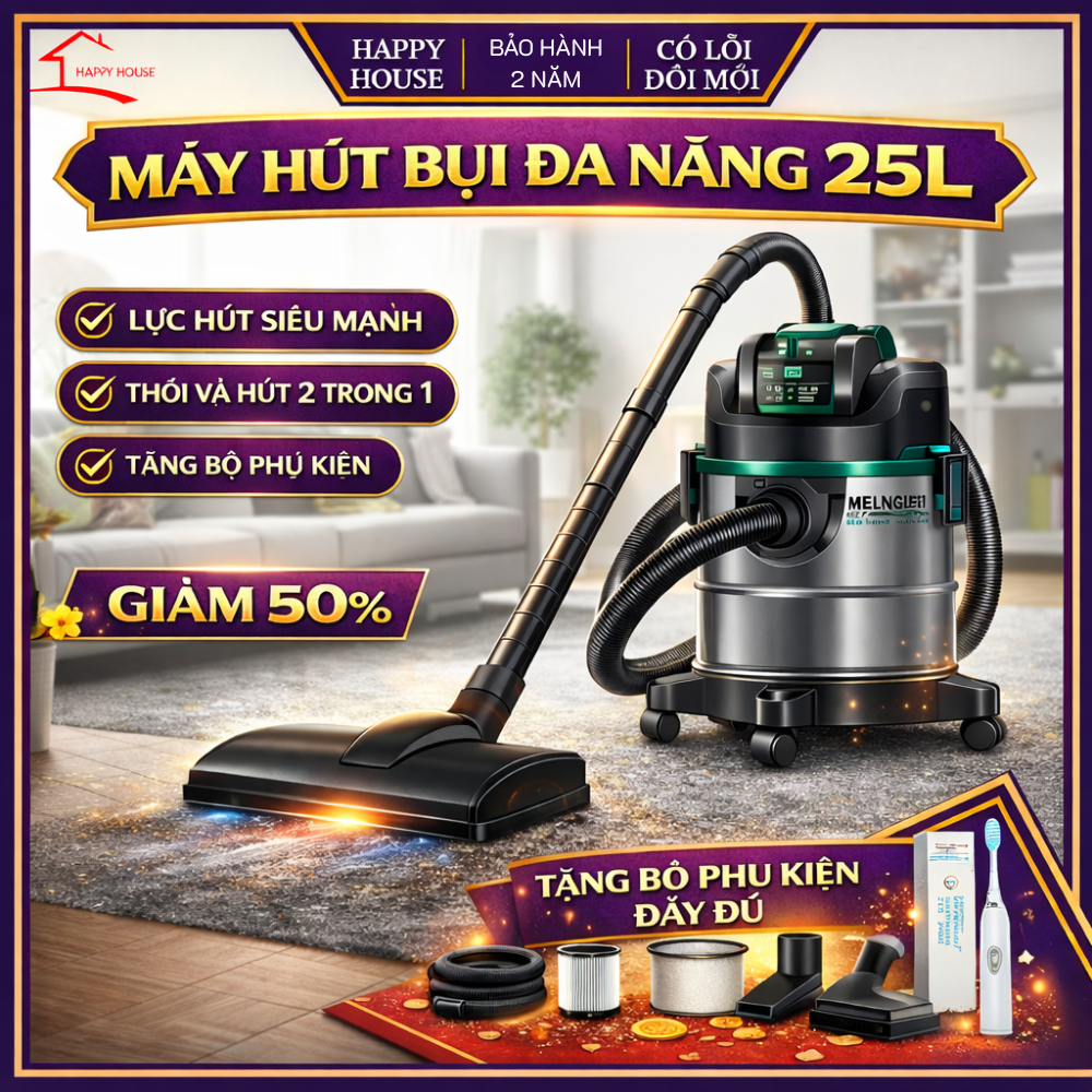 Máy hút bụi công nghiệp, gia đình công suất lớn 1600W, dung tích 25L tích hợp 3 chế độ Khô - Ướt- Thổi, bảo hành 3 năm