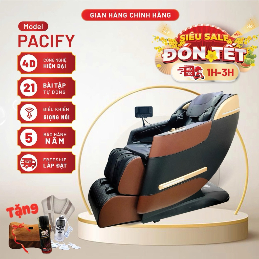 [Con lăn 4D] Ghế massage toàn thân PACIFY, 21 bài tập, điều khiển giọng nói thông minh