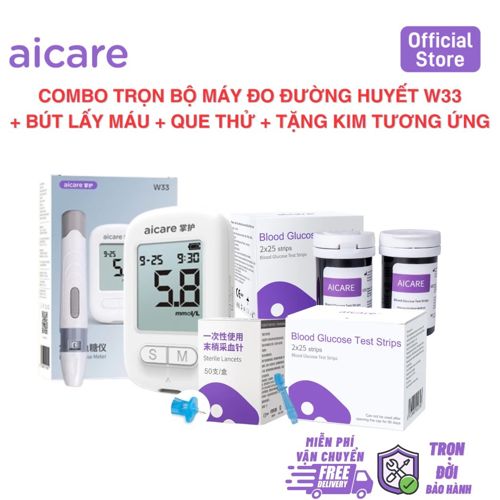 Máy Đo Đường Huyết AICARE W33 Chính Hãng, Tặng Que Thử, Kim Lấy Máu, Có Bảo Hành, Dễ Đọc, Đo Nhanh