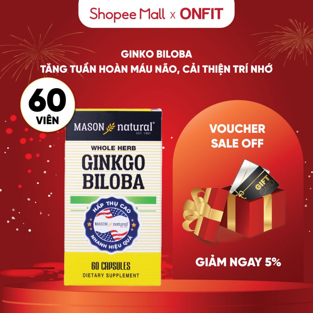 Viên Uống Tăng Cường Sức Khỏe Não Bộ Mason Natural Ginkgo Biloba (60 Viên) Chiết Xuất Tự Nhiên | ONF
