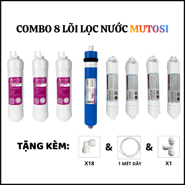 Combo 8 Lõi Lọc Nước Mutosi Chính Hãng – Bộ Lõi Đầy Đủ Cho Máy Lọc Nước RO – Tặng Cút Nối & Ống Dây