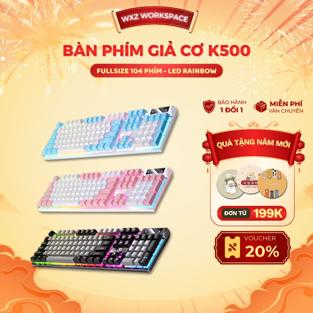 Bàn Phím Giả Cơ Gaming K500 Fullsize 104 Phím LED Rainbow, Gõ Êm, Bàn Phím Có Dây Cho PC Laptop