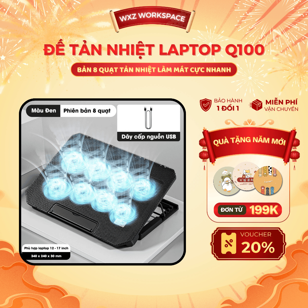 Đế Tản Nhiệt Laptop Q100 8 Quạt Siêu Mát, Giá Đỡ Gấp Gọn 4 Mức Cao Tản Nhiệt Nhanh, Quạt Êm Chống Ồn