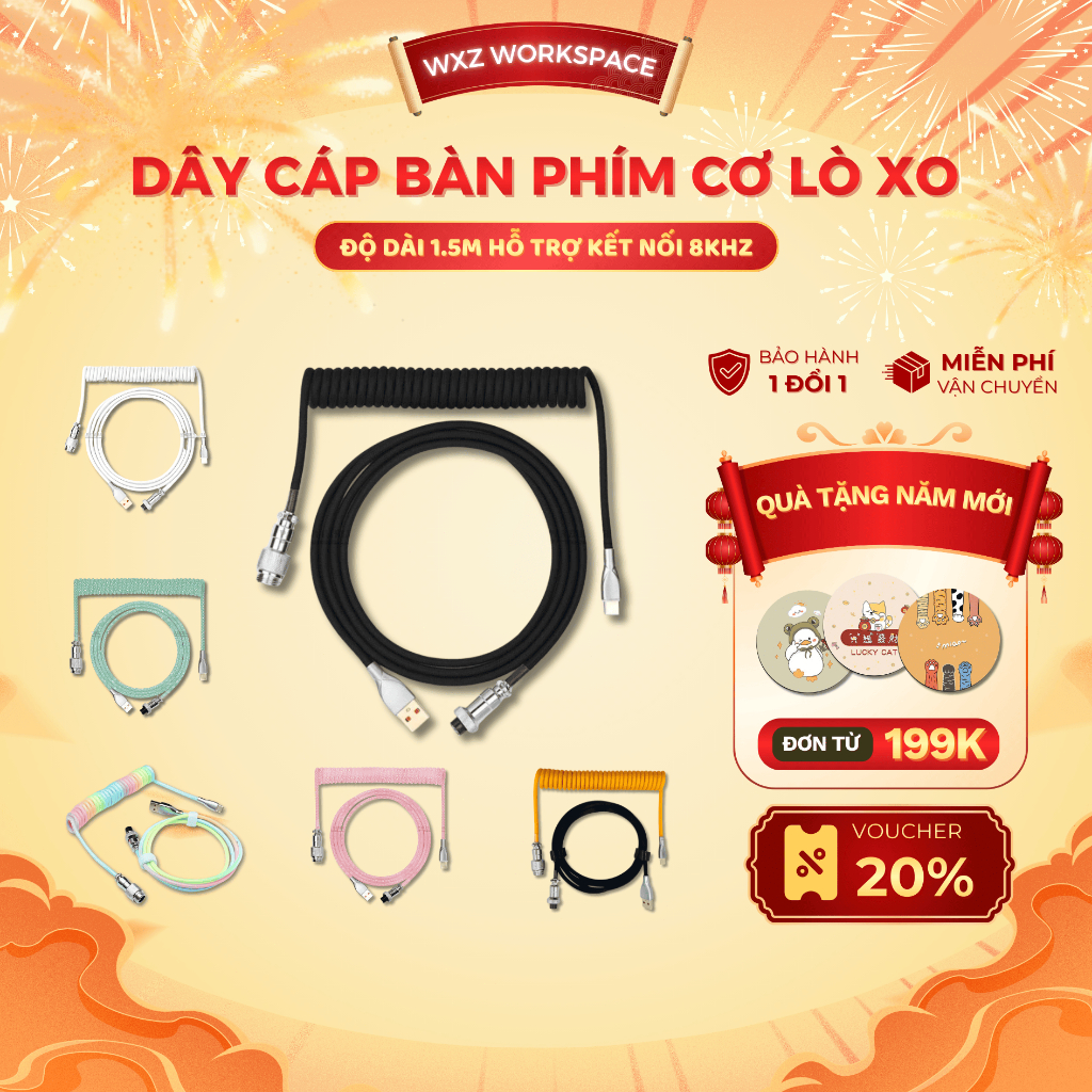Dây Cáp Bàn Phím Cơ Xoắn Lò Xo Hỗ Trợ 8K Polling Rate, USB A to Type-C, Dây Dù Poly, Trục GX-12
