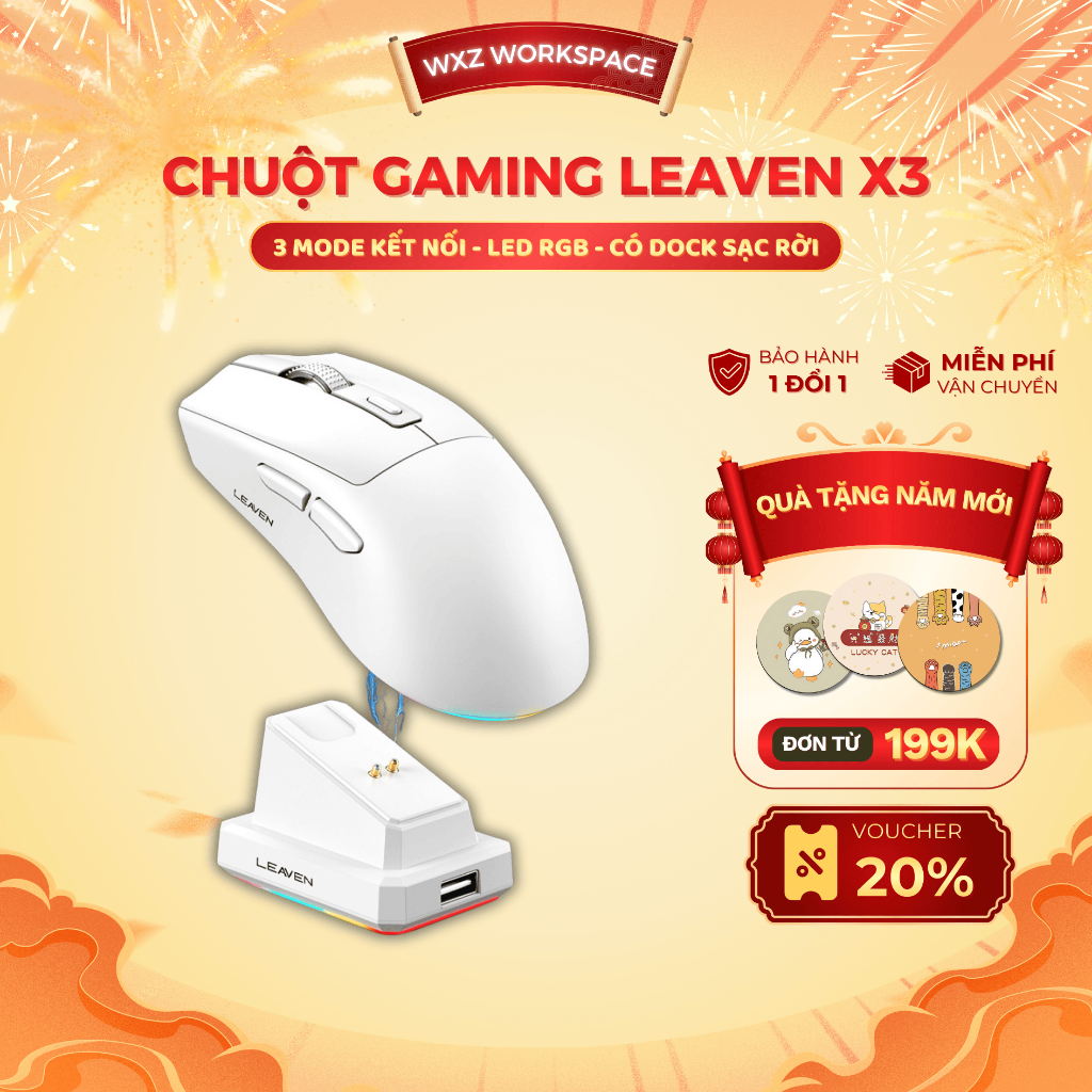 Chuột Gaming Leaven X3, LED RGB, Độ Nhạy Cao 1600 DPI, Thiết Kế Công Thái Học, Có Dock Sạc Không Dây