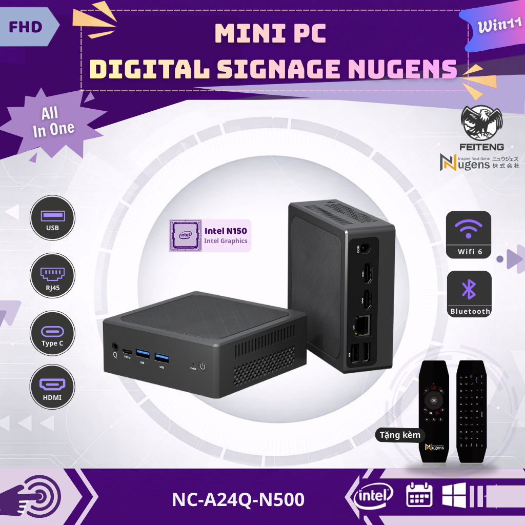 Mini PC Nugens - Máy Tính Chạy Quảng Cáo Chuyên Dụng, Win 11 Pro, Intel N150, RAM 8GB, SSD 256GB