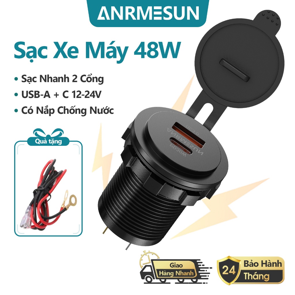 Tẩu sạc xe máy siêu nhanh 48W ANRMESUN cổng USB type C QC3.0  12-24V Nắp chống nước cho xe máy điện thoại