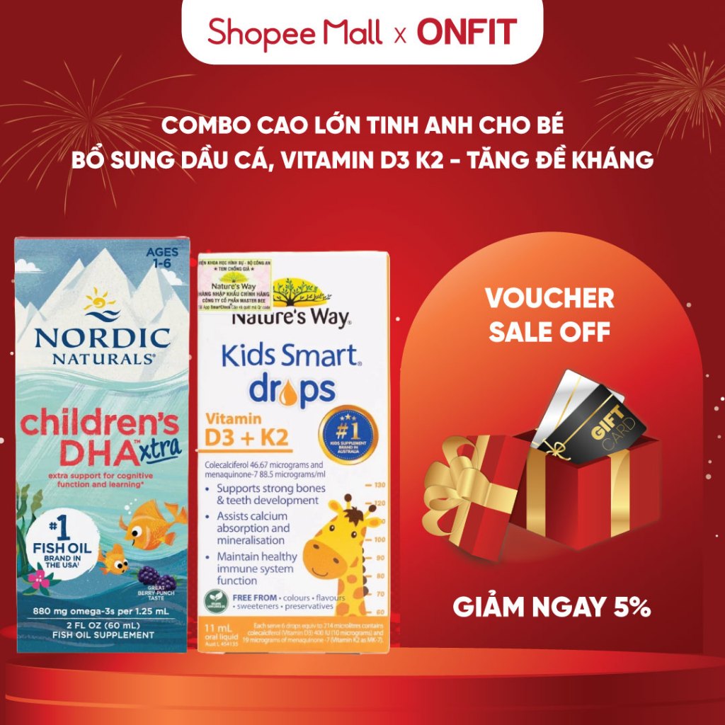 Combo "Cao Lớn & Tinh Anh" Cho Bé từ 1 Tuổi Nordic DHA Xtra + Nature's Way D3K2 Chính Hãng