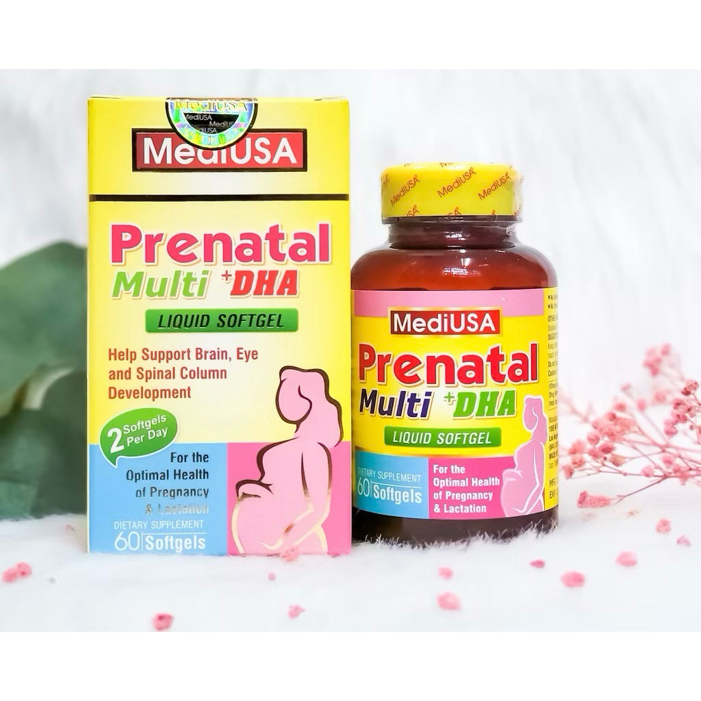 Viên uống bổ sung Vitamin cho bà bầu và bé MediUSA Prenatal Multi DHA hộp 60 viên