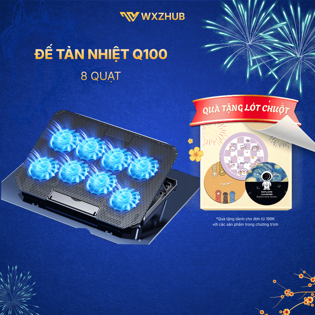 Đế Tản Nhiệt Laptop Q100 8 Quạt Lớn, Giá Đỡ Laptop 4 Tùy Chỉnh Độ Cao, Hỗ Trợ Laptop 12-17 Inch