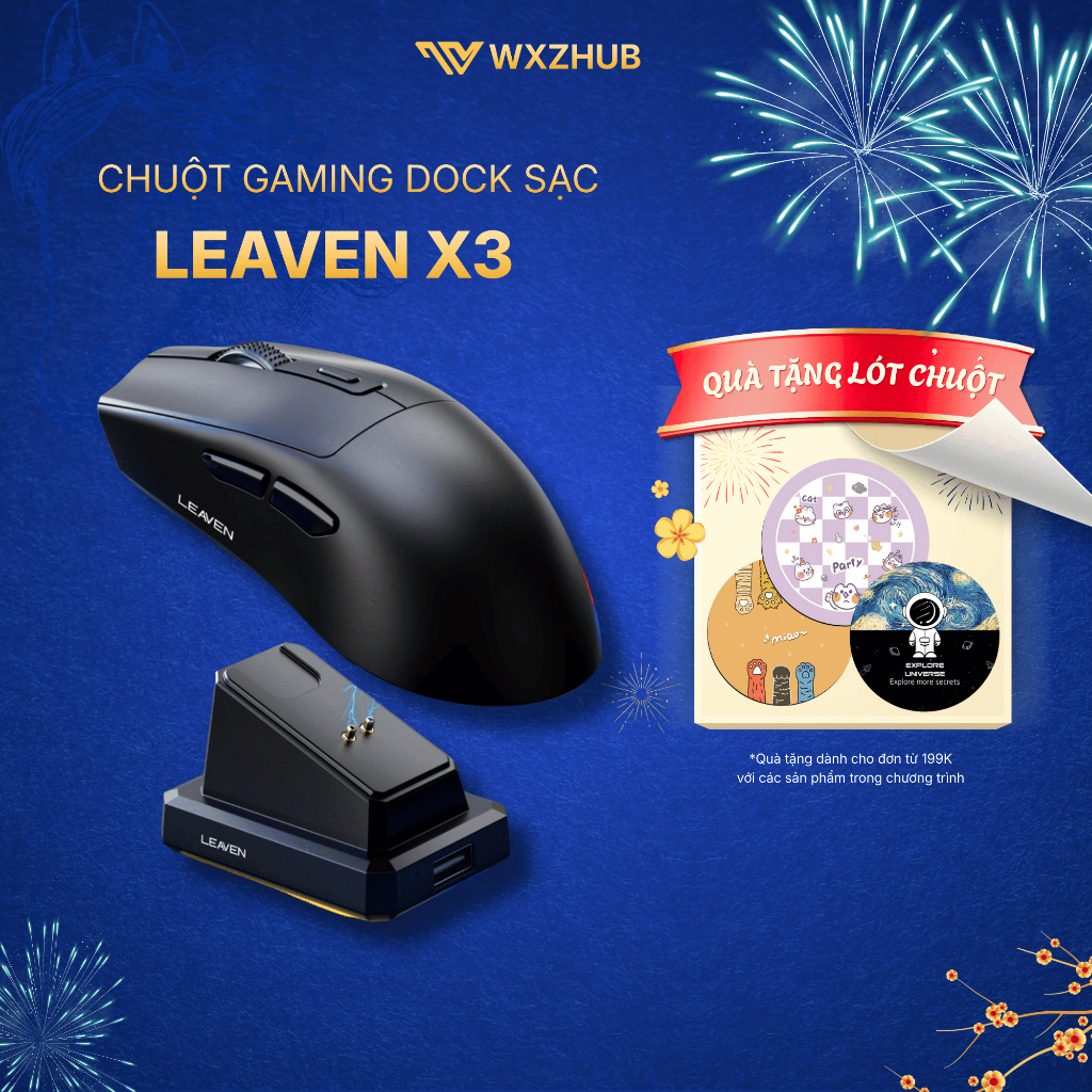 Chuột gaming Leaven X3 Chip Pro 3 Mức DPI, Chuột Không Dây 2 Chế Độ, Có Dock Sạc, LED RGB