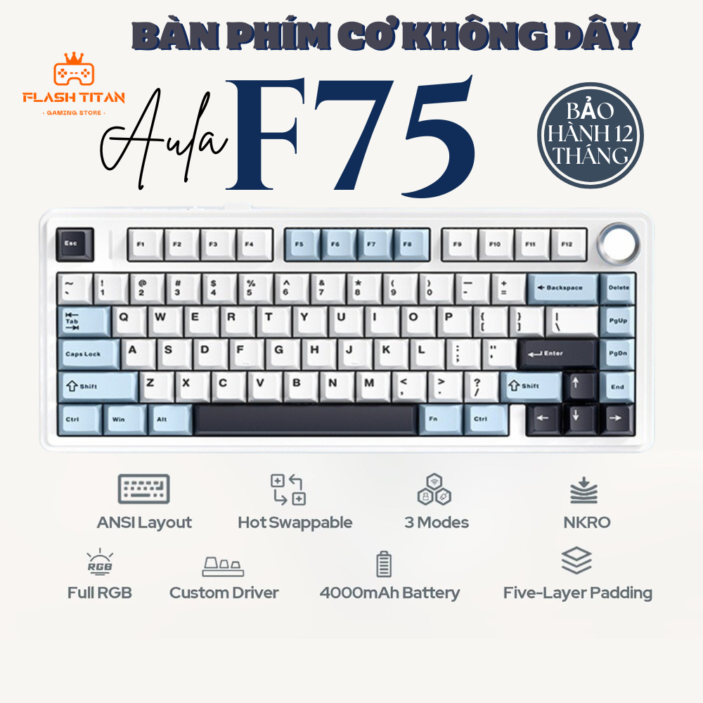 Bàn phím cơ không dây AULA F75 - Phiên bản mạch xuôi - 3 mode kết nối - Hotswap - Có núm xoay