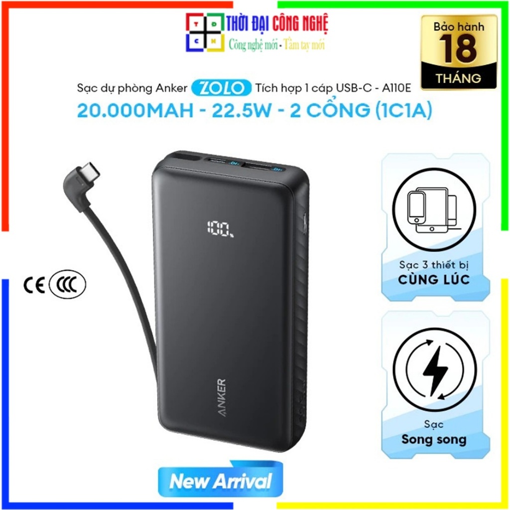 Sạc di động Anker Zolo 20000mAh 22.5W A110E (Tích hợp cáp USB-C) - Hàng chính hãng, BH 1 đổi 1 15 ng