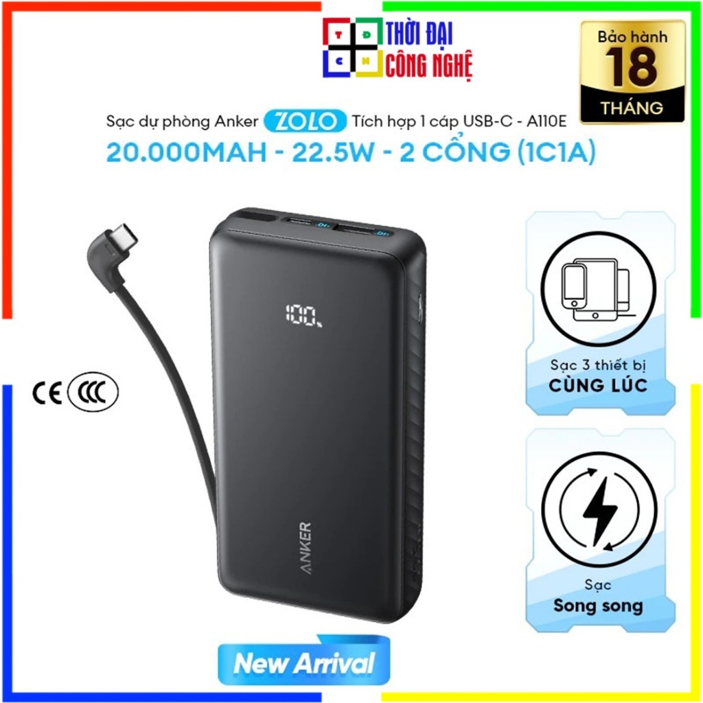 Sạc di động Anker Zolo 2C1A 22.5W 20000mAh (Tích hợp cáp C) A110E - Hàng chính hãng, BH 18 tháng