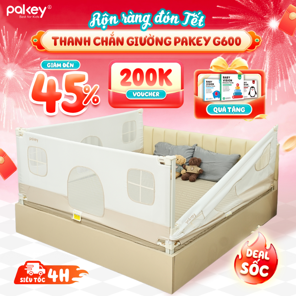 [HỎA TỐC] Thanh Chắn Giường Cho Bé Pakey G600, Mẫu Mới Vải 600D Cao Cấp, Khung Vuông Dày Dặn Nâng Hạ