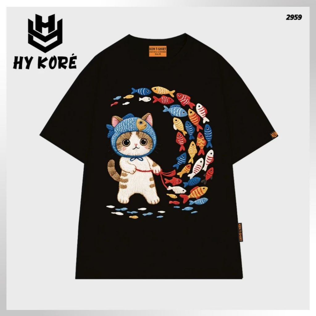 HY KOREA HCM - Áo Thun Form Rộng Mèo Bắt Cá