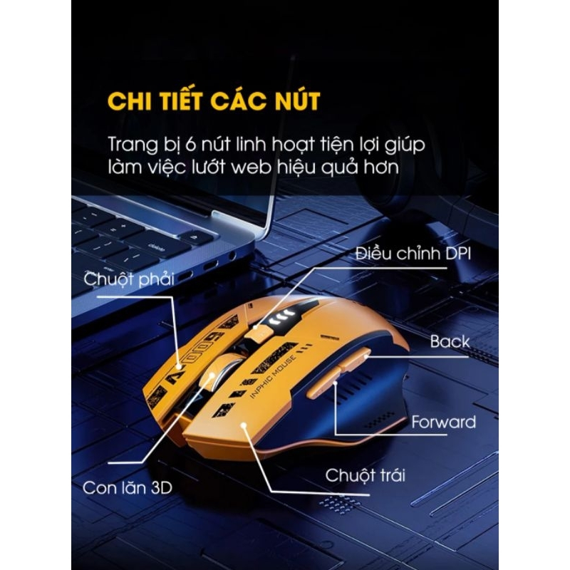 [Royaltech] Chuột không dây bluetooth Gaming INPHIC A9 sạc nhanh, pin trâu, silent, led hiển thị pin