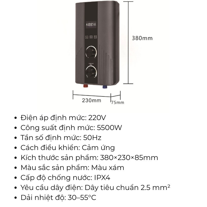 Máy nước nóng trực tiếp có bơm trợ lực 2 núm xoay màu xám, bình nóng lạnh trực tiếp, máy nước nóng có vòi sen