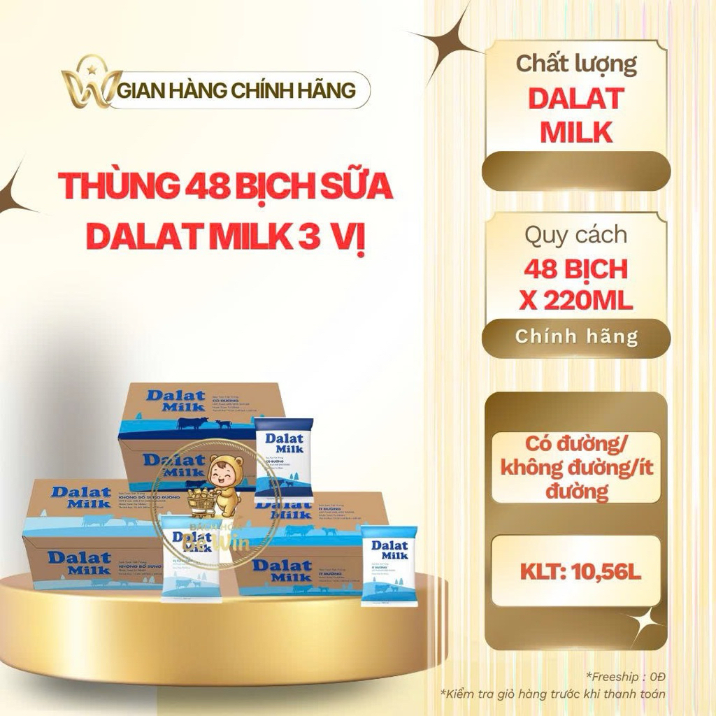 Thùng 48 Bịch Sữa Tươi DALAT MILK vị Không Đường / Ít Đường / Có Đường 220ml Date Luôn Mới