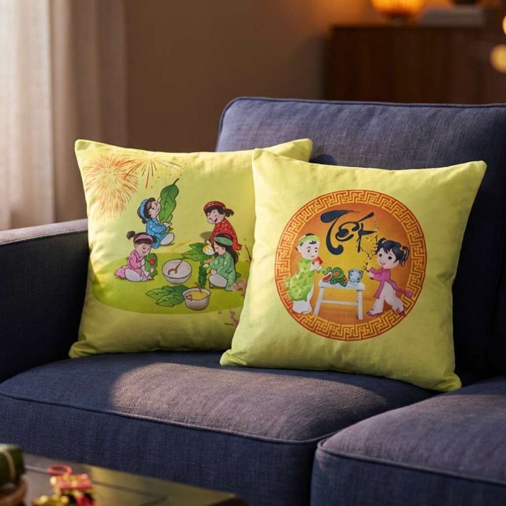 Vỏ gối sofa vàng trang trí Tết, áo gối sofa vàng