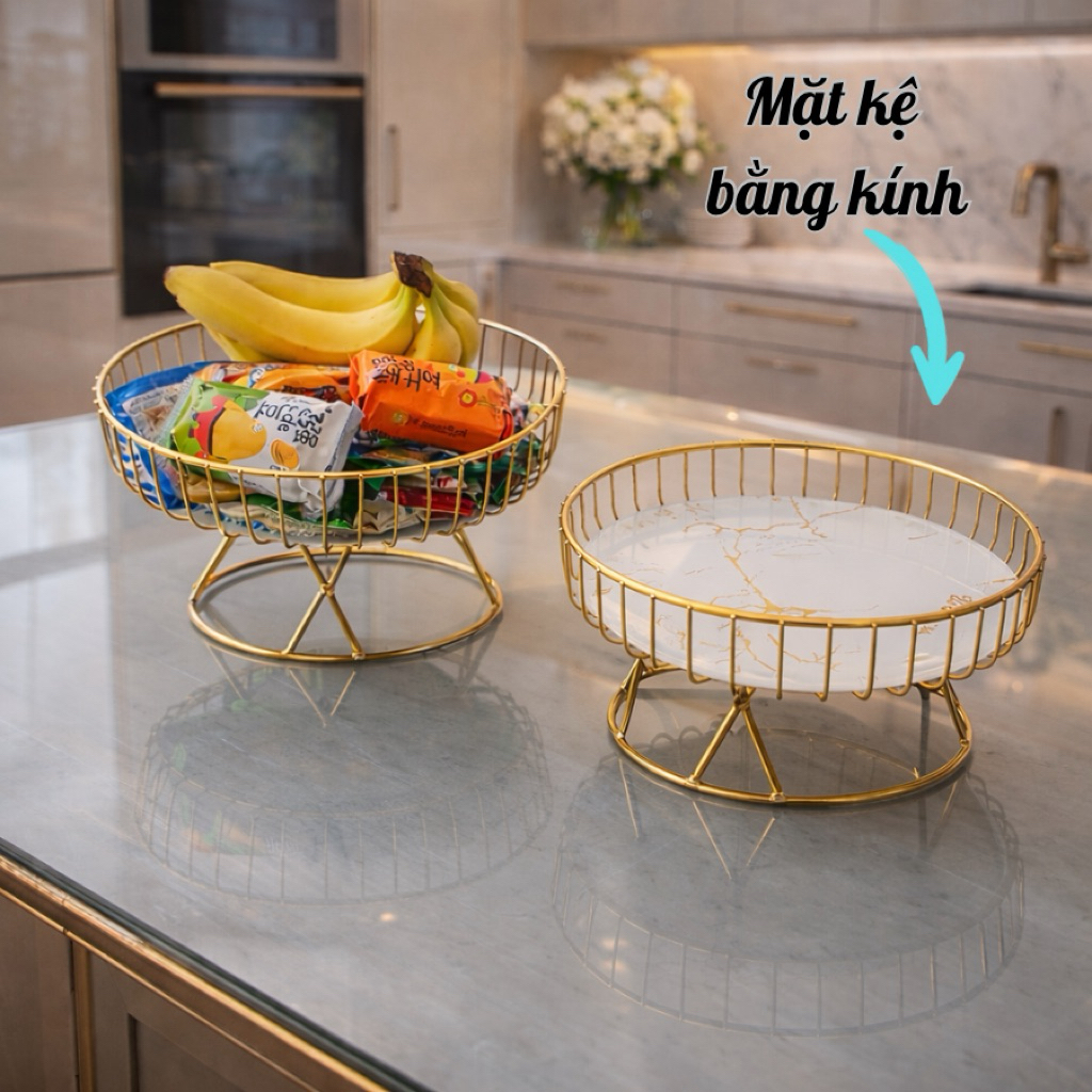 Khay Đựng Trái Cây Để Bàn Khung Sắt Mạ Vàng – Mặt Kính Vân Đá Cẩm Thạch Decor Bàn Bếp, Phòng Khách