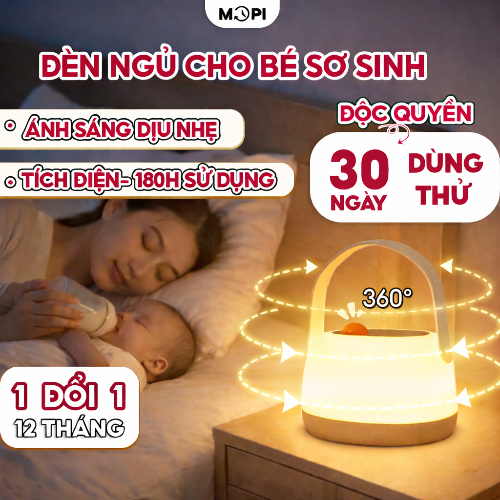 Đèn ngủ trẻ sơ sinh Mopi, đèn ngủ ánh sáng vàng, đèn ngủ bỉm sữa, bảo vệ mắt, giúp mẹ hút sữa và cho bé ti đêm