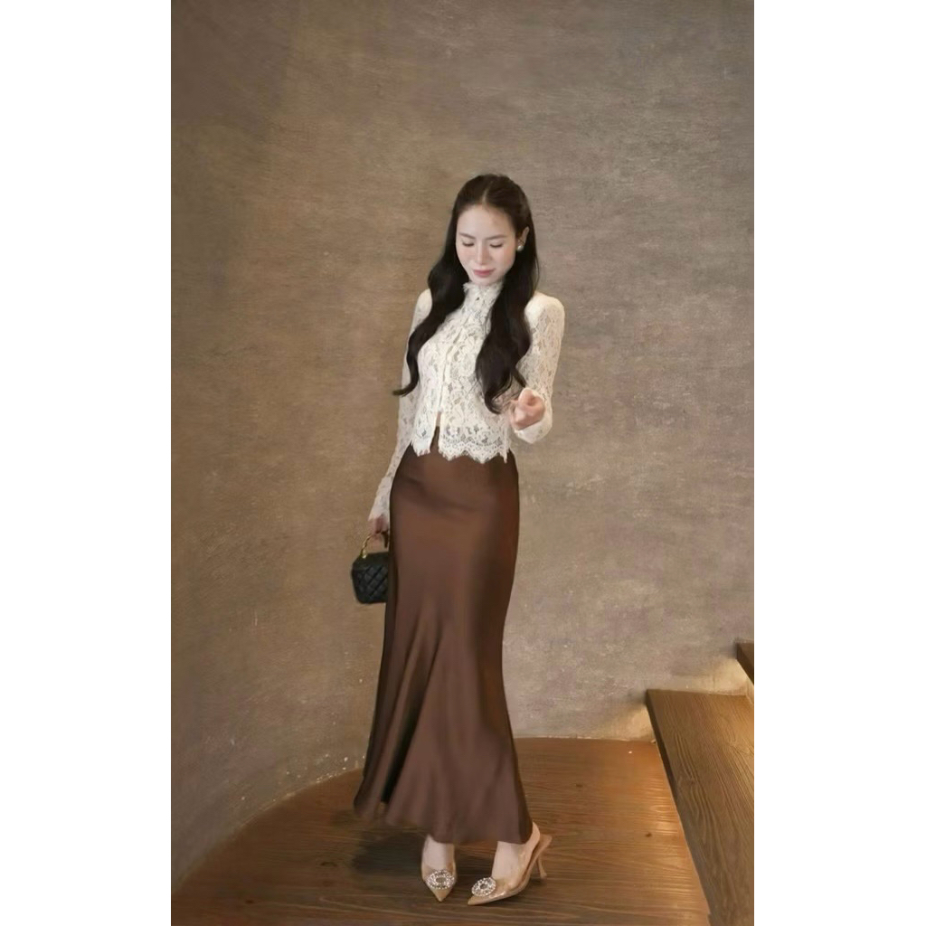Hion Store - HÀNG LOẠI 1 - Set áo ren trắng tay dài + cv lụa nâu SM