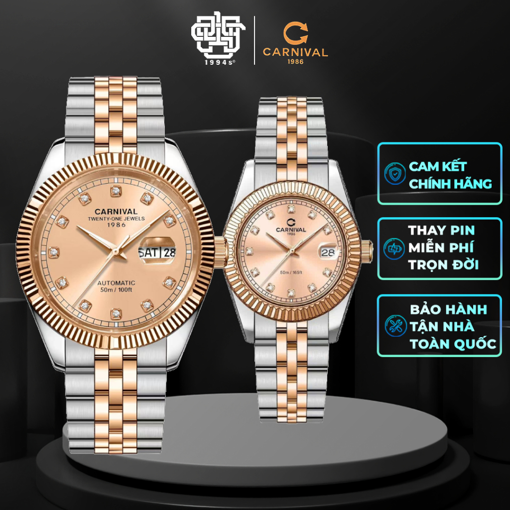 Đồng Hồ Cặp Carnival 8131G-CH-NN & 8131L-CH-NN Viền Đá Hàng Chính Hãng