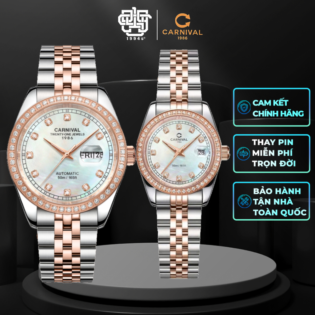 Đồng Hồ Cặp Carnival 8131G2-CH-TK & 8131L2-CH-TK Viền Đá, Mặt Xà Cừ Hàng Chính Hãng