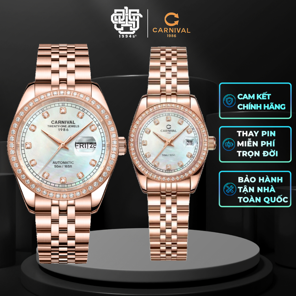 Đồng Hồ Cặp Carnival 8131G2-VH-TK & 8131L2-VH-TK Viền Đá, Mặt Xà Cừ Hàng Chính Hãng