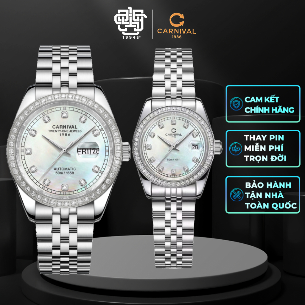 Đồng Hồ Cặp Carnival 8131G2-VT-TK & 8131L2-VT-TK Viền Đá, Mặt Xà Cừ Hàng Chính Hãng