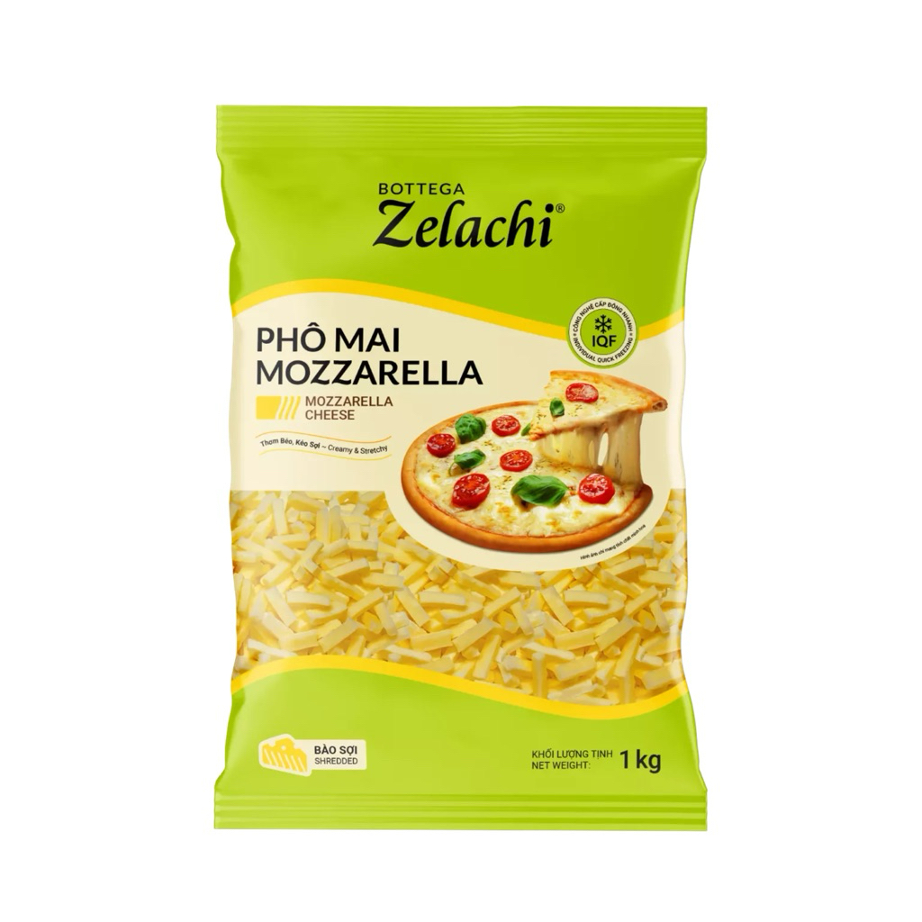 Phô Mai Mozzarella Bào Bottega Zelachi 1kg – Mozzarella Shredded Cheese, Kéo Sợi Tuyệt Hảo, Nhập Khẩ
