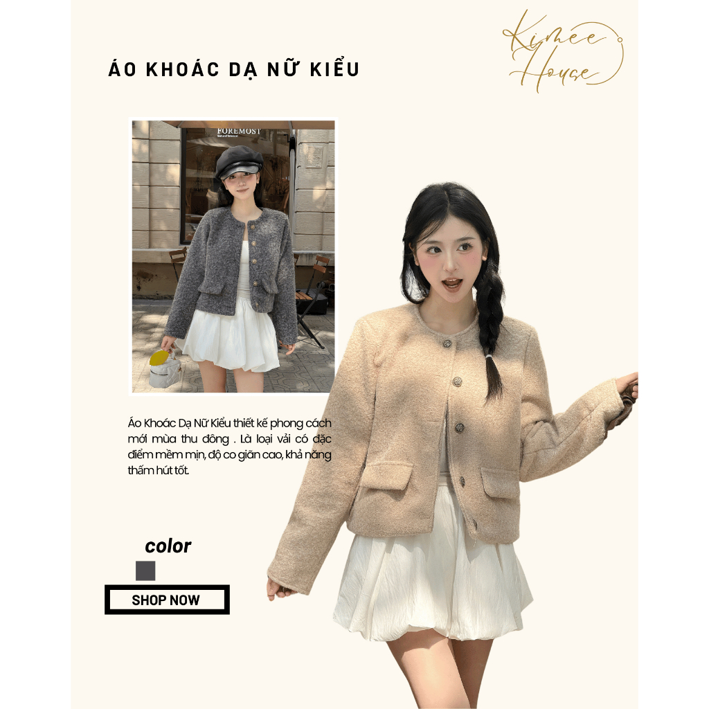 Áo Khoác Dạ Tweed Nữ CLASSY ROUND – Dáng Ngắn Đệm Vai Cúc Đồng HANES