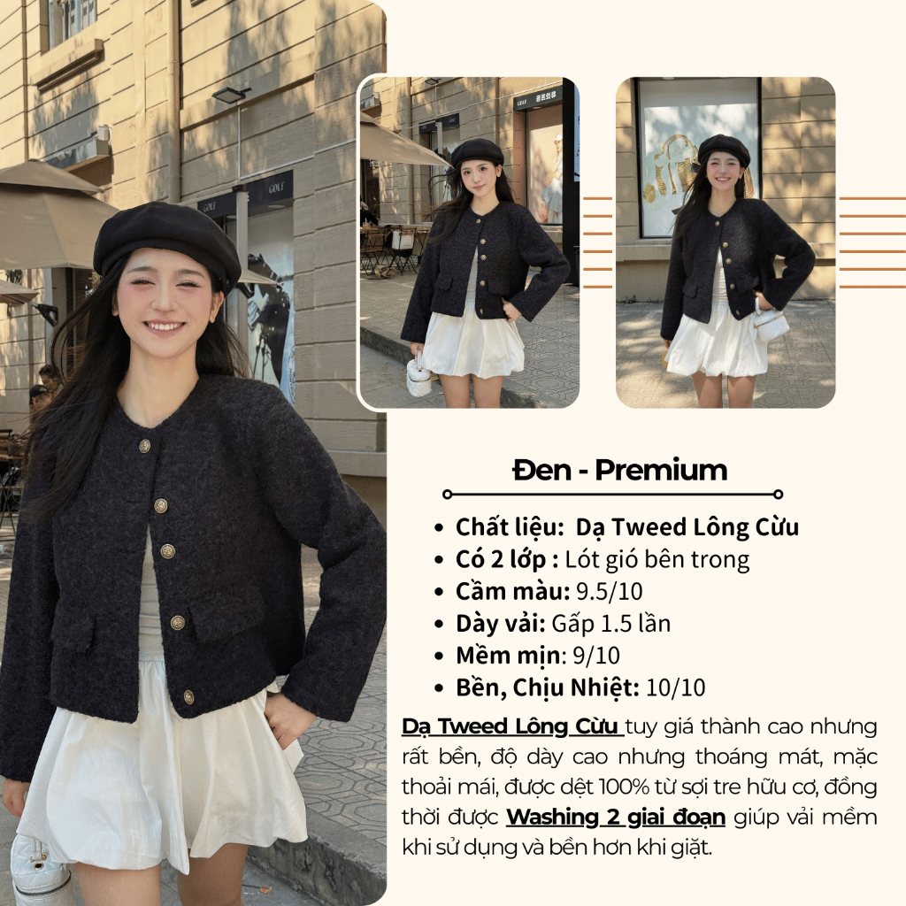 Áo Khoác Dạ Tweed Nữ KAZI Dáng Ngắn – Đệm Vai Cúc Đồng